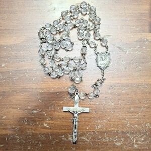 Vintage Sterling Silver Rosary Faceted Crystal Beads Sacred Heart Center